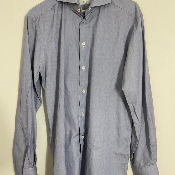 ETON Shirt Men’s Size 41/16 White Blue Striped Long Sleeve Spread Collar - Picture 5 of 8